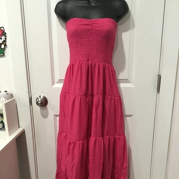 Strapless Bandeau Fuchsia Flowy Maxi Dress - Picture 2 of 5